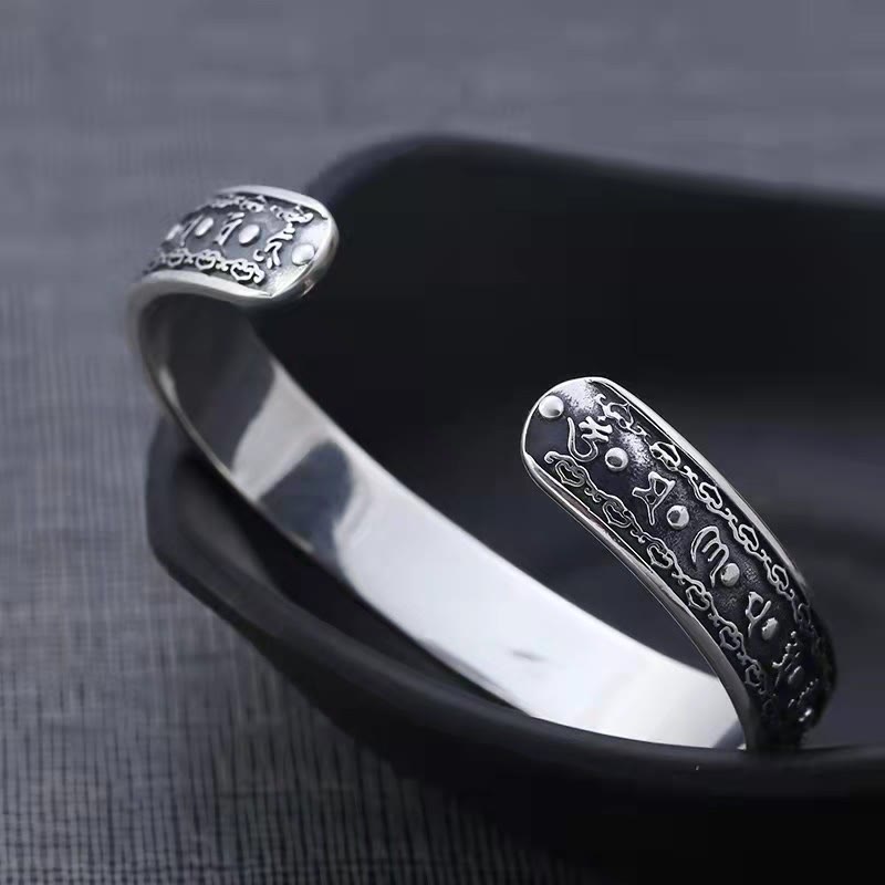 Buddha Stones 925 Srebro Sterlingowe Om Mani Padme Hum Podwójna Dorje Grawerowana Mądrość Bransoletka Mankiet Bangle