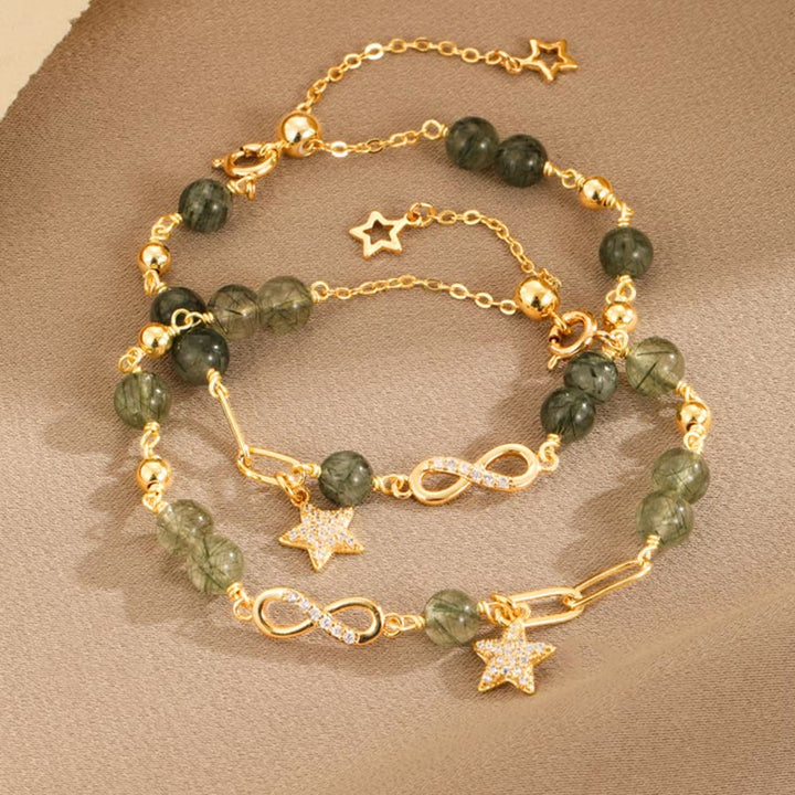 Buddha Stones 14K Złoto Zielony Rutilated Quartz Möbius Loop Bransoletka Ochronna Wiecznej Miłości Gwiazdy