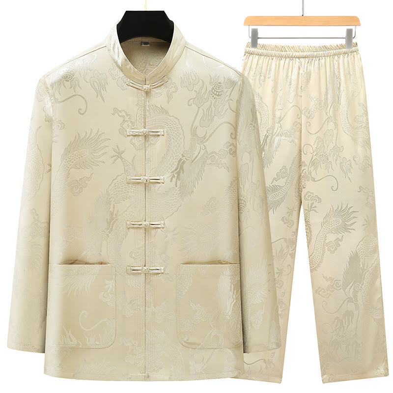 Buddha Stones Tang Suit Mężczyźni Hanfu Chiński Smok Tradycyjne Ubrania Kung Fu Koszula Jednolity Długi Rękaw Płaszcz Bluzki i Spodnie Odzież Męska Zestaw - Beżowy - US/UK/AU42， EU52 (3XL) - image 17