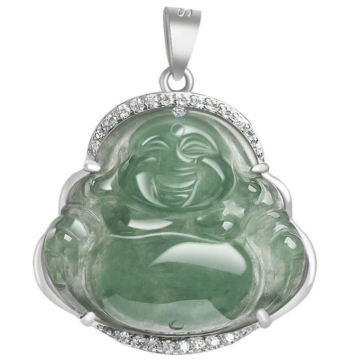Buddha Stones Śmiejący się Budda Naturalny Jadeit Szczęście Dobrobyt Tytanowy Stalowy Łańcuszek Wisiorek - image 6