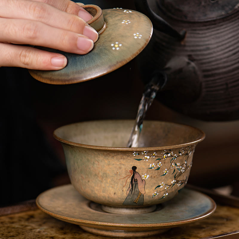 Buddha Stones Jingdezhen Malowana ręcznie porcelana Ru Kiln Hanfu Dziewczyna Kwiat Ceramiczny Gaiwan Sancai Filiżanka Kung Fu Filiżanka I Spodek Z Pokrywką