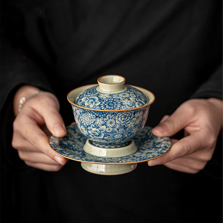Buddha Stones Vintage Niebieski I Biały Porcelana Brzoskwiniowy Kwiat Lotosu Piwonia Ceramiczny Gaiwan Sancai Filiżanka Kung Fu Filiżanka Do Herbaty I Spodek Z Pokrywką - image 7