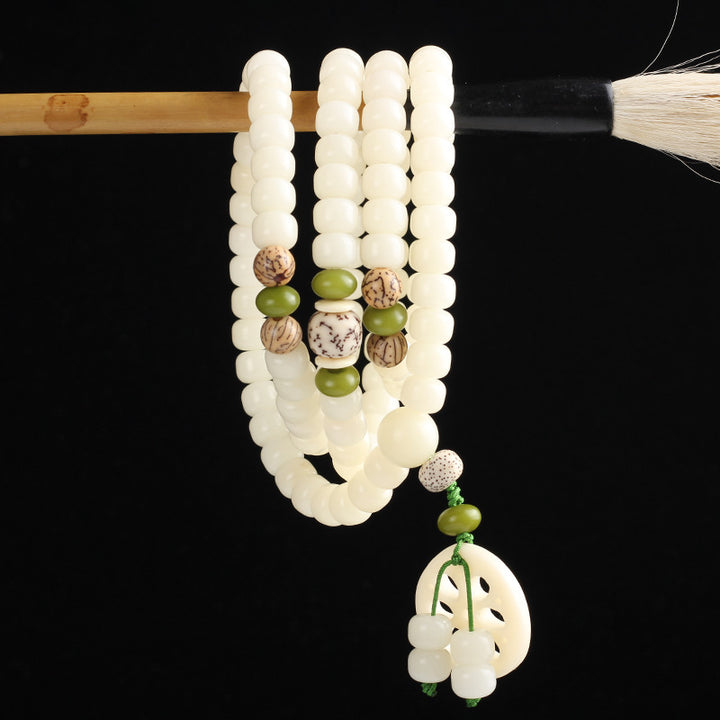 Buddha Stones Białe Nasiona Bodhi Mala 108 Koralików Bransoletka Szczęścia