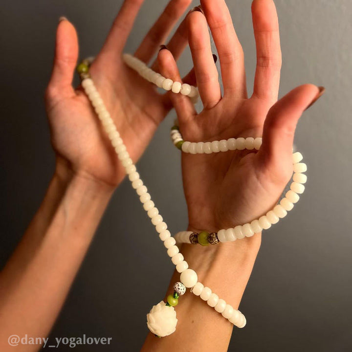 Buddha Stones Biały Jadeit Bodhi Lotus Mala Harmony Naszyjnik Bransoletka