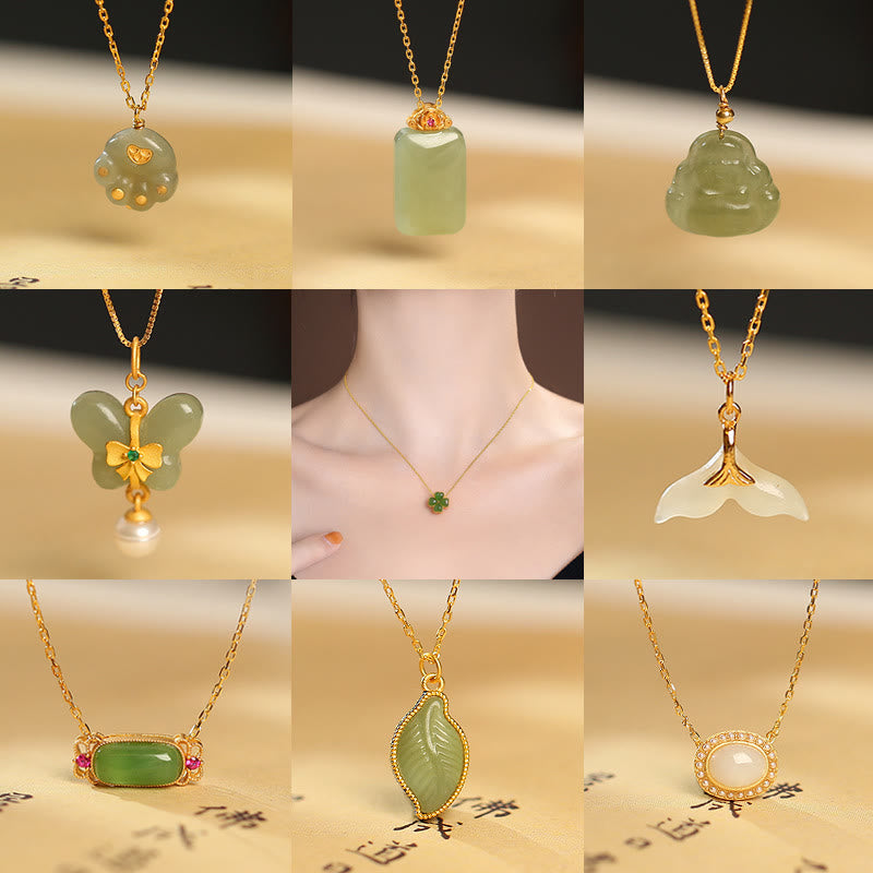 Buddha Stones 925 Srebro Sterling Naturalny Hetian Jade Cyan Jade Szczęście Śmiejący się Budda Motyl Naszyjnik Wisiorek - image 1