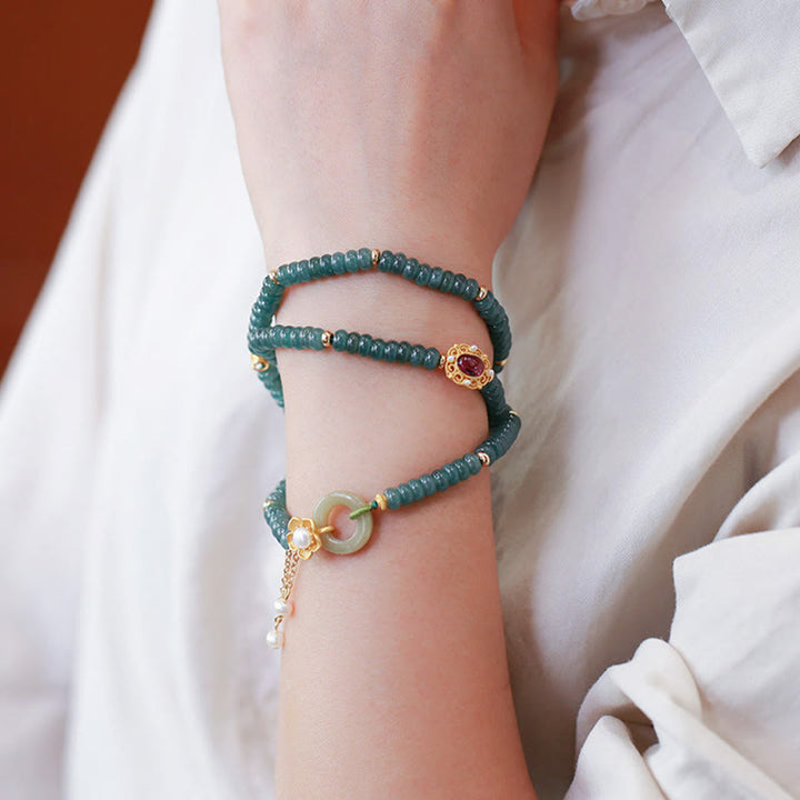 Buddha Stones 925 Srebro próby 925 Pozłacane Cyan Jade Flower Peace Buckle Bransoletka Success Triple Wrap