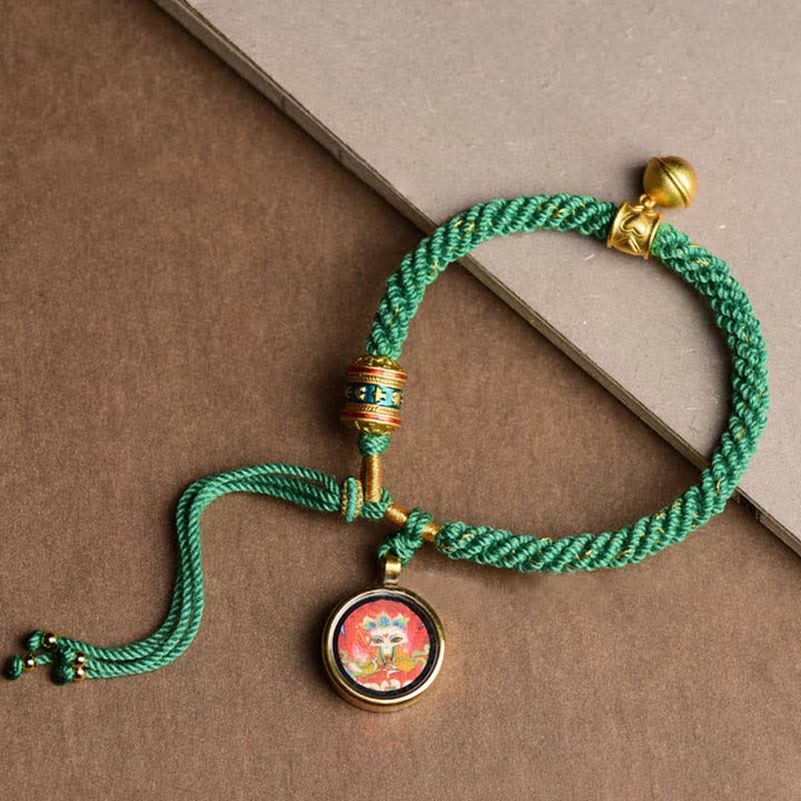 Buddha Stones Tybetańskie Pięć Bogów Bogactwa Thangka Szczęścia Koło Modlitewne Dzwonek Bransoletka ze Sznurka