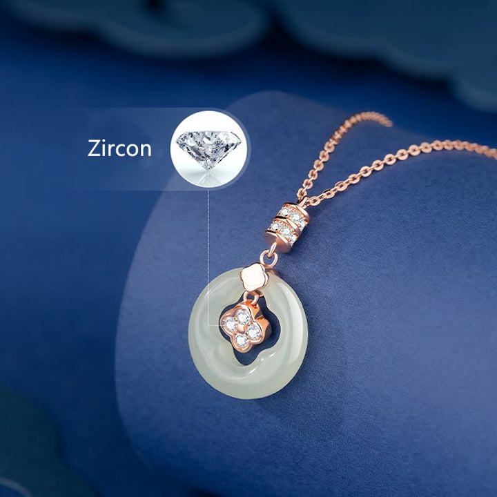 Buddha Stones 925 Srebro Sterling Naturalny Hetian Jade Szczęśliwy Czterolistna Koniczyna Cyrkon Naszyjnik Wisiorek Z Pudełkiem Prezentowym