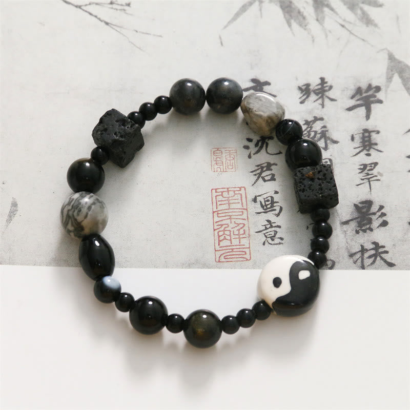 Bransoletka ochronna z Buddha Stones z czarnego onyksu i koralikami z jaspisu Picasso Yin Yang