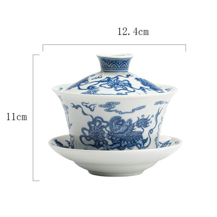 Buddha Stones Niebieskie I Białe Porcelany Lotos Ryba Koi Taniec Lwa Arbuz Ceramiczny Gaiwan Sancai Filiżanka Kung Fu Filiżanka I Spodek Z Pokrywką 300 ml