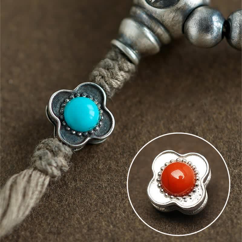 Buddha Stones 108 Mala Beads 925 Srebro Sterling Czerwony Agat Turkusowy Bransoletka z Zawieszką Pewności