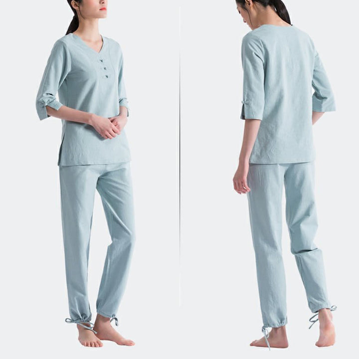 Buddha Stones Joga Medytacja Modlitwa Dekolt w serek Projekt Bawełna Len Odzież Jednolita Praktyka Zen Zestaw Damski - image 1