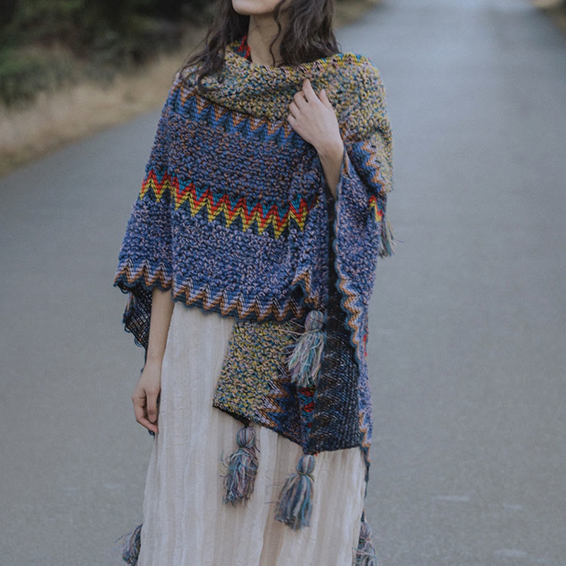 Buddha Stones Tybetański Szal Miękki Ciepły Robiony Na Drutach Płaszcz Zimowy Tybetański Szal Z Frędzlami - image 4