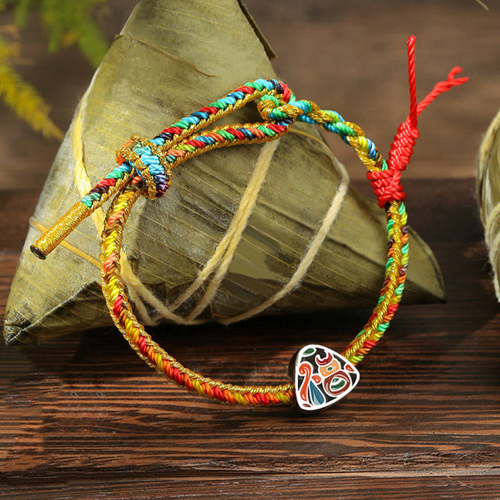 Buddha Stones 925 Srebro Sterling Festiwal Smoczych Łodzi Fu Charakter Zongzi Wzór Szczęścia Ręcznie Robione Wielokolorowe Dziecko Dorosły Bransoletka