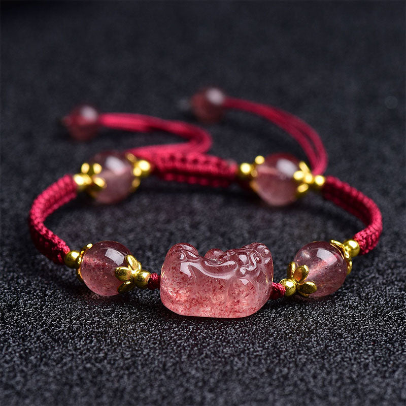 Buddha Stones Naturalny Kryształ Truskawkowy PiXiu Charm Bransoletka Szczęście Czerwony Sznurek