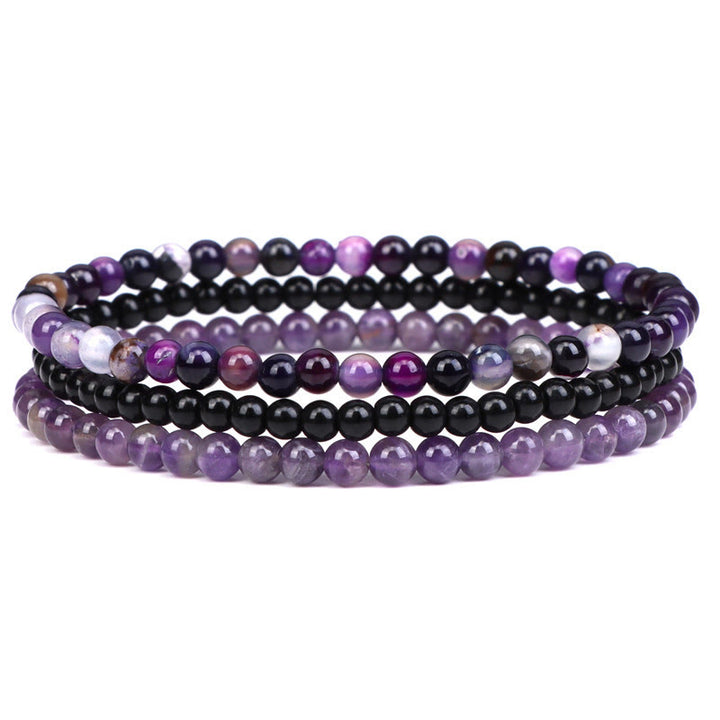 Buddha Stones 3 szt. Naturalny kamień kryształowy Wewnętrzny spokój duchowy bransoletka - 4 mm czarne szklane koraliki i ametyst (obwód nadgarstka 15-16 cm) - image 0