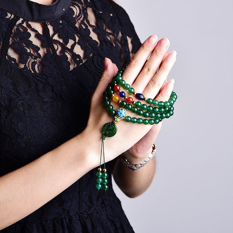 Buddha Stones 108 Mala Beads Naturalna Zielona Agatowa Bransoletka Wspomagająca Moc