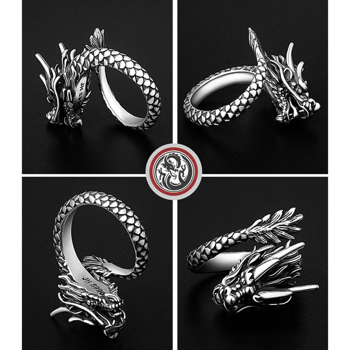 Buddha Stones 990 Srebro Sterlingowe Vintage Dragon Design Szczęście Ochrona Siła Regulowany Pierścień