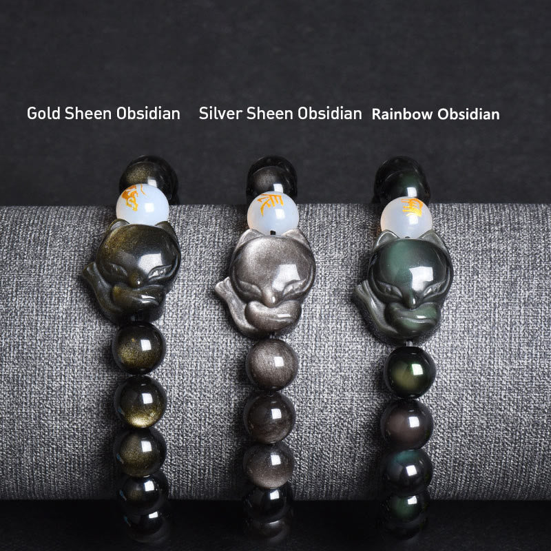 Buddha Stones Naturalny tęczowy obsydian Złoty połysk obsydian Srebrny połysk obsydian Lis Uzdrawiająca bransoletka