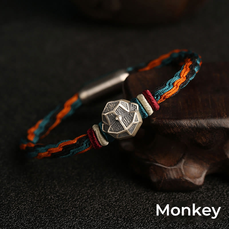 Buddha Stones Ręcznie robione 999 Srebro Sterling Rok Smoka Chiński Zodiaku Ochrona Kolorowa Reinkarnacja Węzeł Liny Bransoletka