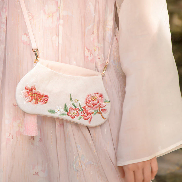 Buddha Stones Szczęście Haft Lotos Koi Ryba Królik Kwiat Hanfu Torba Crossbody Torba na Ramię