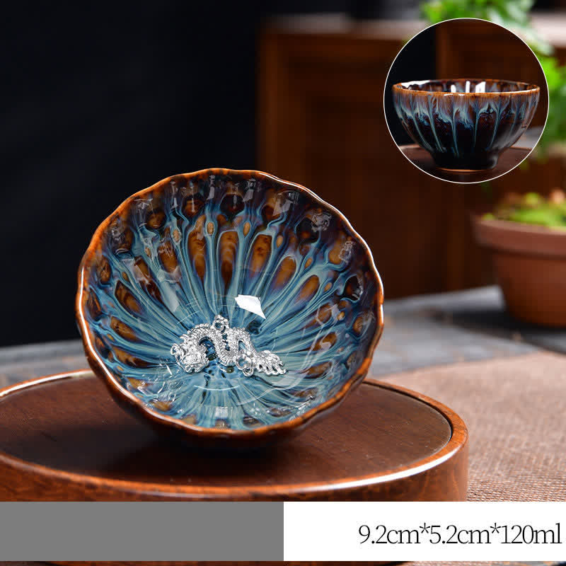Buddha Stones Lotos Paw Smok Feniks Ryba Koi Ceramiczna filiżanka do herbaty Intarsjowane filiżanki do herbaty 120 ml - Srebrny - Smok - image 20