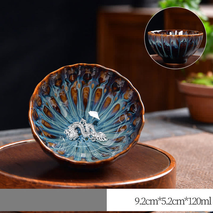 Buddha Stones Lotos Paw Smok Feniks Ryba Koi Ceramiczna filiżanka do herbaty Intarsjowane filiżanki do herbaty 120 ml - Srebrny - Smok - image 20