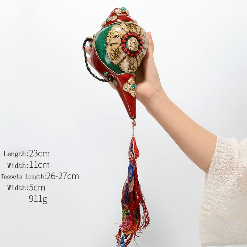 Tybetańska, ręcznie robiona Shankha Om Mani Padme Hum Budda Avalokitesvara turkusowa muszla pozytywna dekoracja - Om Mani Padme Hum - Budda Vairocana 23*11cm - image 22