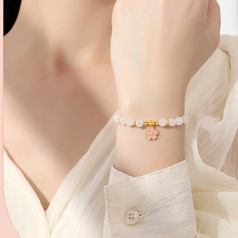 Bransoletka ochronna Buddha Stones 925 Sterling Silver Hetian White Jade Cherry Blossom
