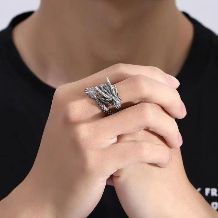 Buddha Stones 925 Srebro Sterlingowe Vintage Dragon Design Ochrona Siła Regulowany Pierścień - image 2