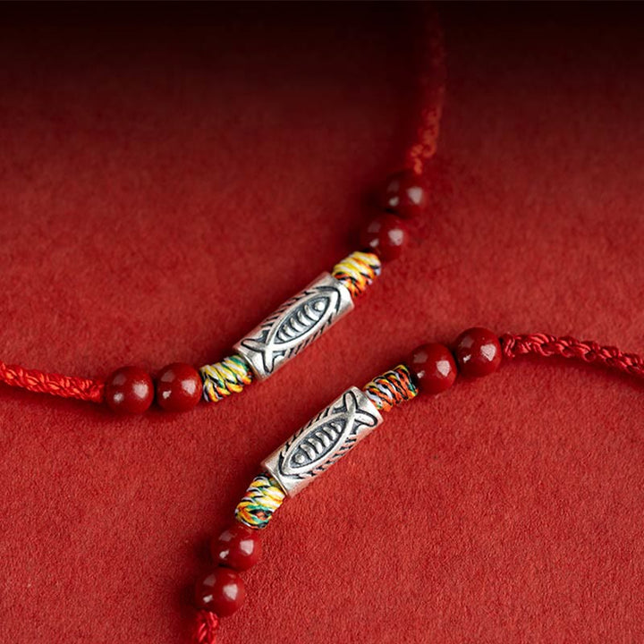 Buddha Stones 925 Srebro Sterling Ryba Koi Koralik Cynober Bogactwo Ręcznie Robiona Bransoletka Pleciona Bransoletka na Nogę