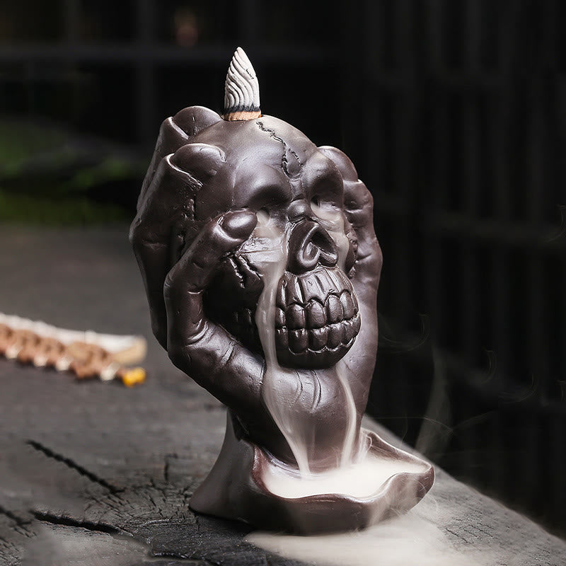 Buddha Stones Halloween Czaszka Z Dłonią Ducha Fioletowa Glina Duchowy Kadzielnica Dekoracja