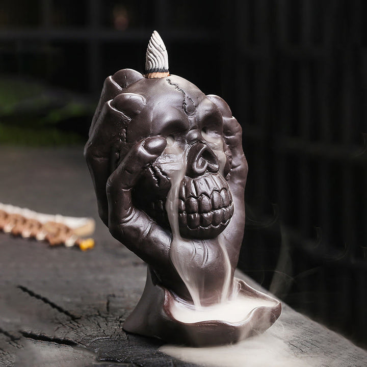 Buddha Stones Halloween Czaszka Z Dłonią Ducha Fioletowa Glina Duchowy Kadzielnica Dekoracja