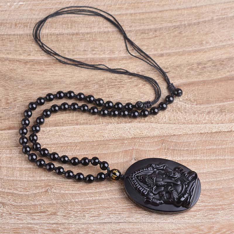 Buddha Stones Tybetański Obsydian Ganesh Ganpati Słoń Bogactwo Amulet Naszyjnik