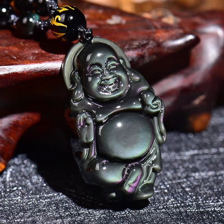 Naturalny tęczowy obsydianowy naszyjnik z wisiorkiem „Śmiejący się Budda” - image 2