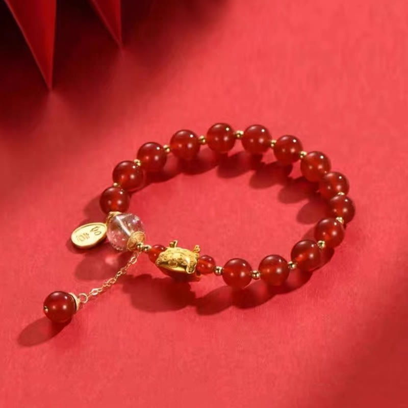 Buddha Stones Rok Smoka Pierożek Naturalny Czerwony Agat Granat Hetian Jade Fu Charakter Szczęście Sukces Bransoletka