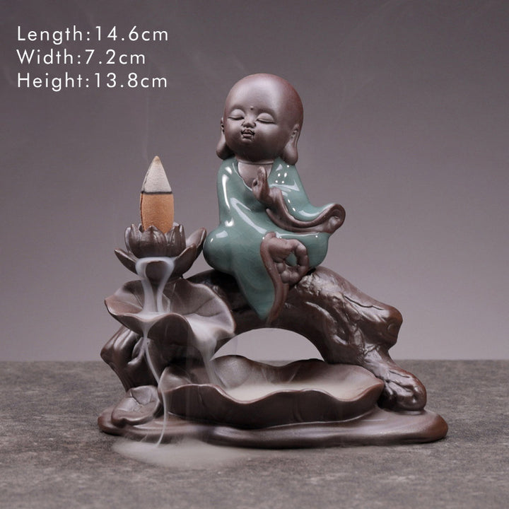 Buddha Stones Mały Mnich Ceramiczny Lotos Błogosławieństwo Kadzielnica Dekoracja