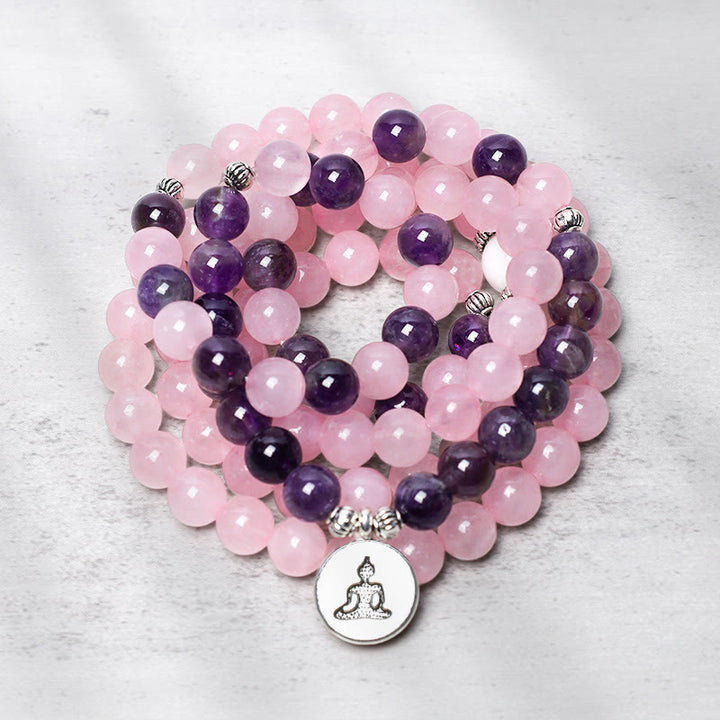 Bransoletka z Buddha Stones z naturalnego różowego kwarcu i ametystu Mala z koralikami w kształcie lotosu