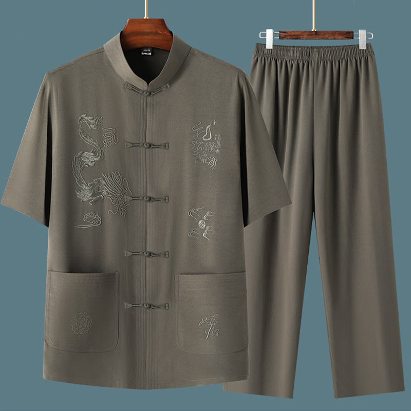 Buddha Stones Tang Suit Hanfu Chiński Smok Tradycyjny Kung Fu Jednolity Krótki Rękaw Topy i Spodnie Odzież Męska Zestaw - image 3