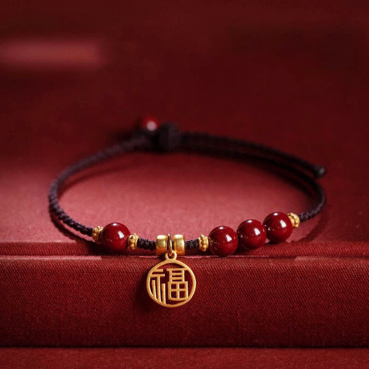 Buddha Stones Cynobrowe Koraliki Fu Charakter Urok Błogosławieństwo Bransoletka z Plecionego Sznurka