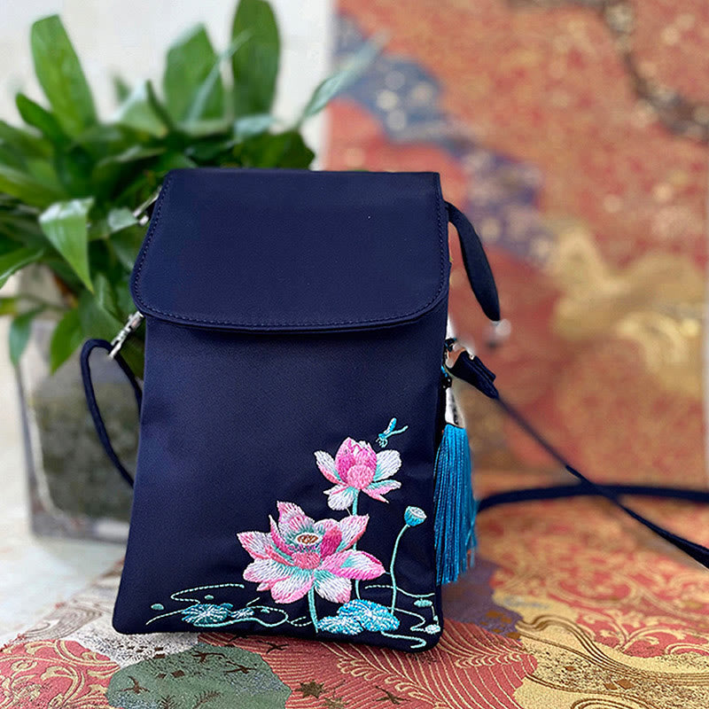 Buddha Stones Wodoodporna Ręcznie Haftowane Kwiaty Lotosu Torba Crossbody Torba Na Ramię Torba Na Telefon Komórkowy