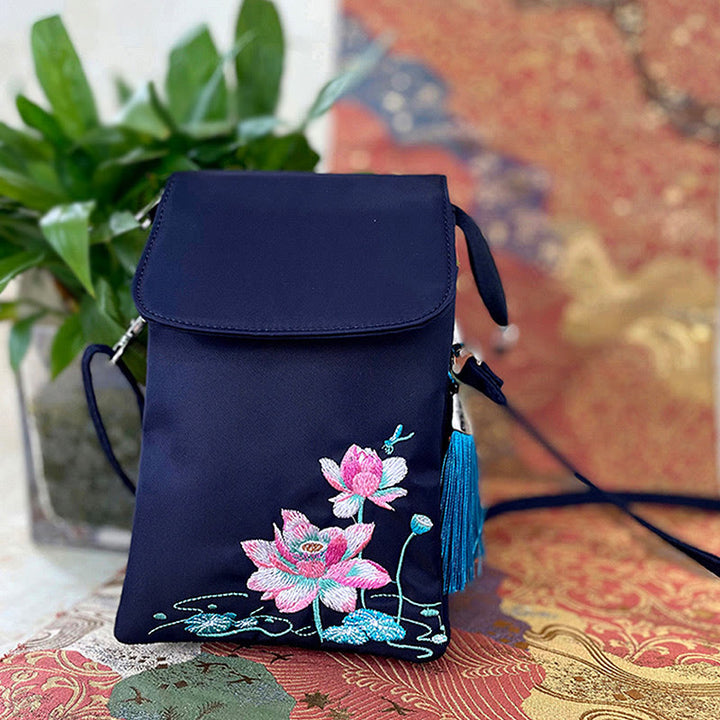 Buddha Stones Wodoodporna Ręcznie Haftowane Kwiaty Lotosu Torba Crossbody Torba Na Ramię Torba Na Telefon Komórkowy