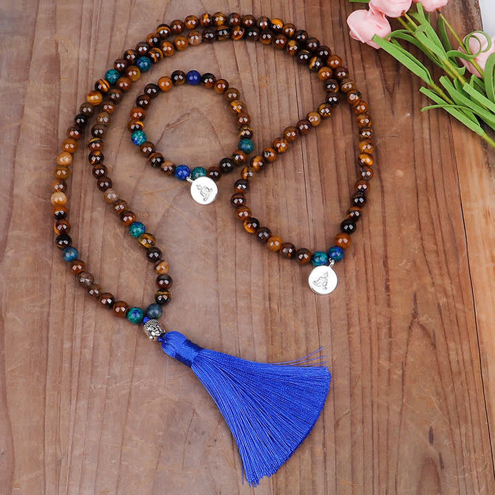Buddha Stones 108 Mala Koraliki Tygrysie Oko Budda Siła Bransoletka Naszyjnik Wisiorek