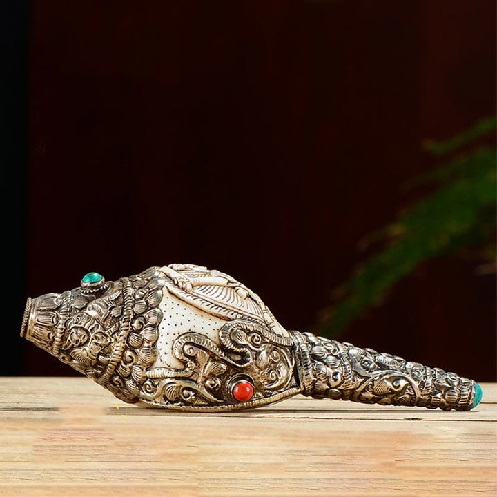 Tybetański ręcznie grawerowany Budda Shankha Muszla Koncha Bogactwo Pozytywna Dekoracja - image 1