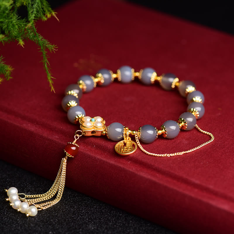 Bransoletka z pereł Fu Character Tassel Balance z Buddha Stones w kolorze szarym i agatem