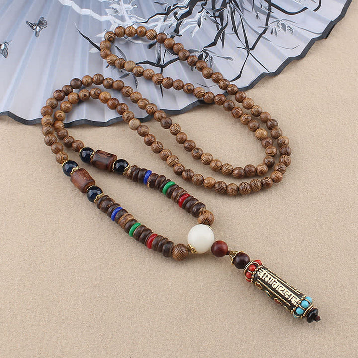 Buddha Stones tybetański Om Mani Padme Hum Dzi koralik Wenge naszyjnik z drewna wisiorek - Łańcuszek z drewnianych koralików Om Mani Padme Hum - image 1