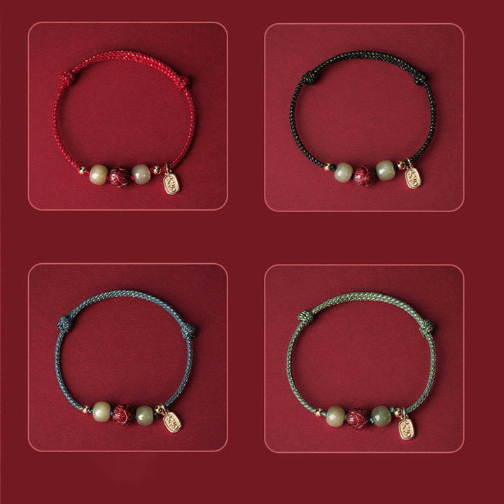 Buddha Stones 14K pozłacane Hetian Jade Cynober Lotos Szczęście Bransoletka Ręcznie Robiona z Linii - image 14