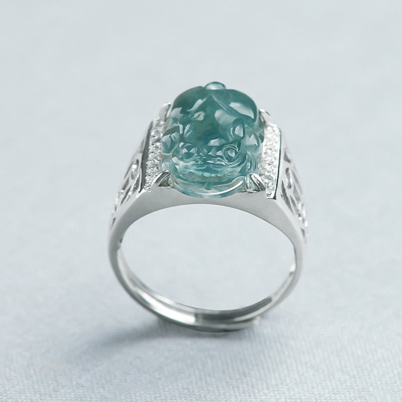 Buddha Stones 925 Srebro Sterlingowe Fengshui Bogactwo Dobrobyt Jadeit PiXiu Pierścień Szczęścia