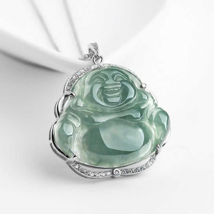 Naszyjnik z Buddha Stones Śmiejący się Budda Naturalny Jadeit Szczęścia Wisiorek ze Stali Tytanowej - Jadeit - image 0