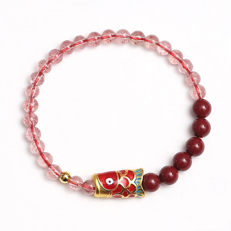 Buddha Stones Naturalny Kwarc Truskawkowy Cynober Lucky Koi Fish Healing Bransoletka
